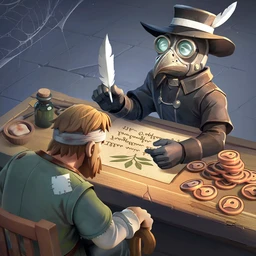Иконка игры Last Asylum: Plague: чумной доктор в маске с пером пишет на свитке за столом, рядом пациент с повязкой на голове