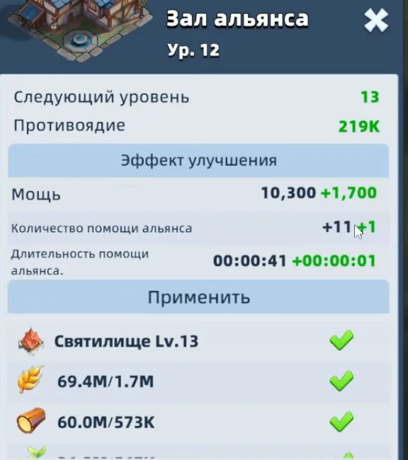 Окно улучшения «Зал альянса» 12 уровня в Last Asylum: мощь 10 300 плюс 1 700, количество помощи альянса, длительность помощи и требования Святилища 13